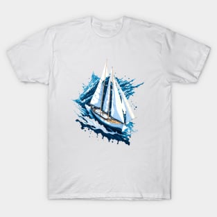 Old sailing boat sailing the sea. Waves and blue tones T-Shirt